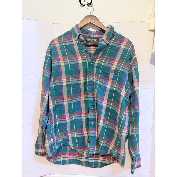 American Eagle Outfitters Other - 1990s Vintage Mens‎ American Eagle Green Plaid Distressed Button Up Size Large